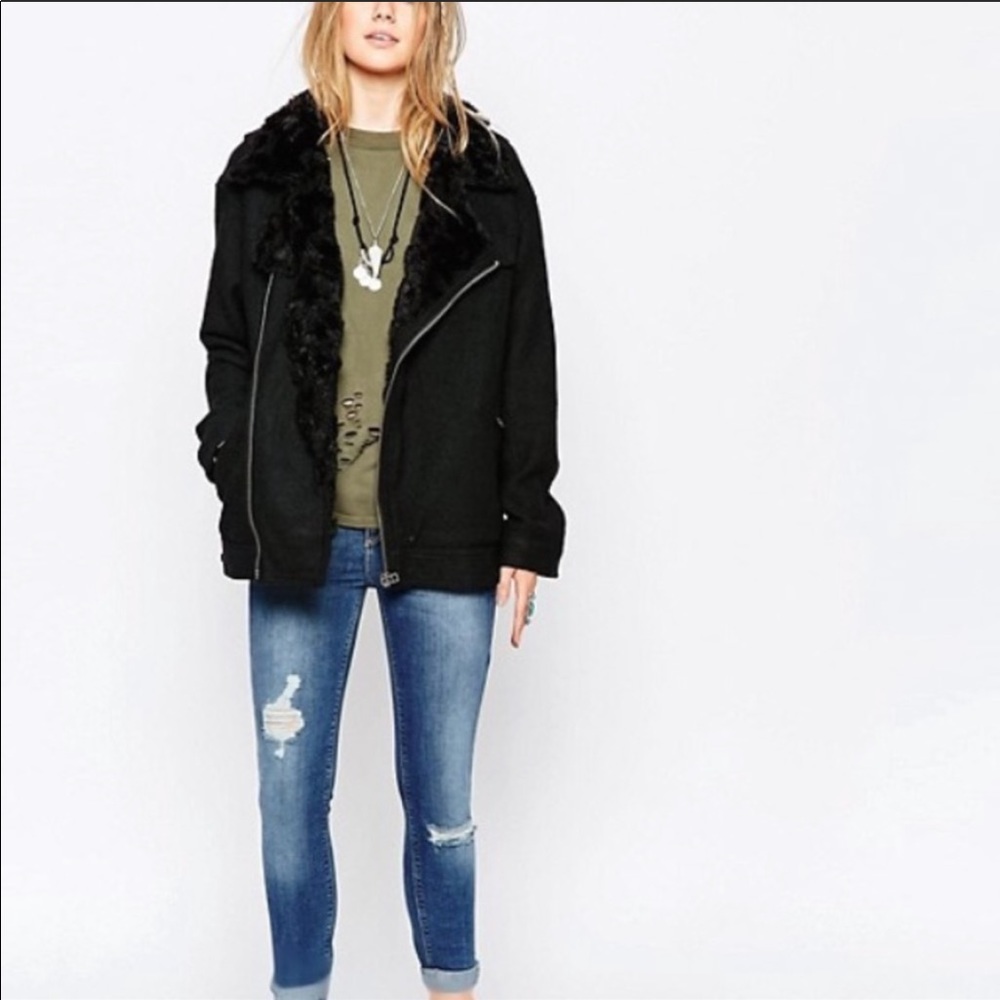 FREE PEOPLE Slouchy Wool Moto Jacket Black SALE